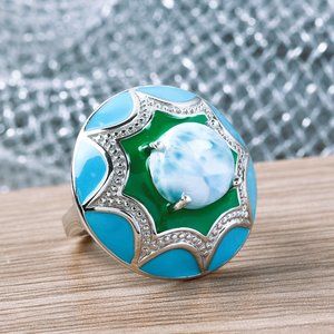 Natural Larimar & Blue Enameled Ring Platinum Over 925 Sterling 8.80 Grams Sz 7